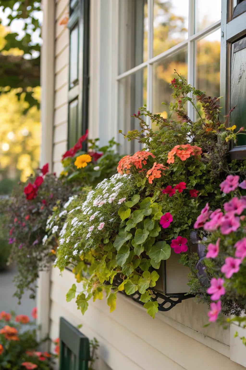 Window with a vibrant window box filled with seasonal flowers