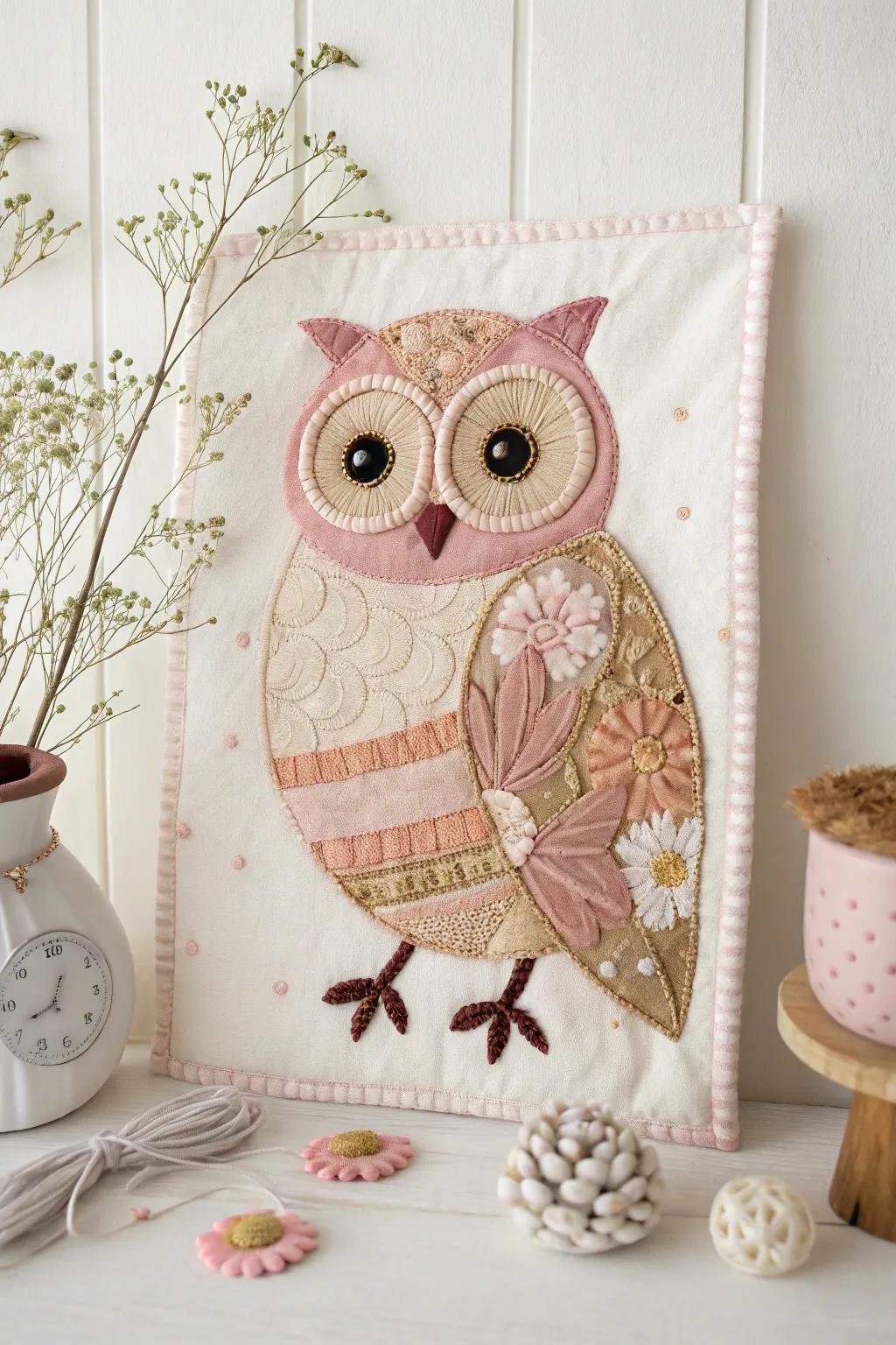Embrace the charm of handcrafted beauty with this stunning owl fabric collage, a perfect blend of minimalist elegance and boho whimsy for your decor.