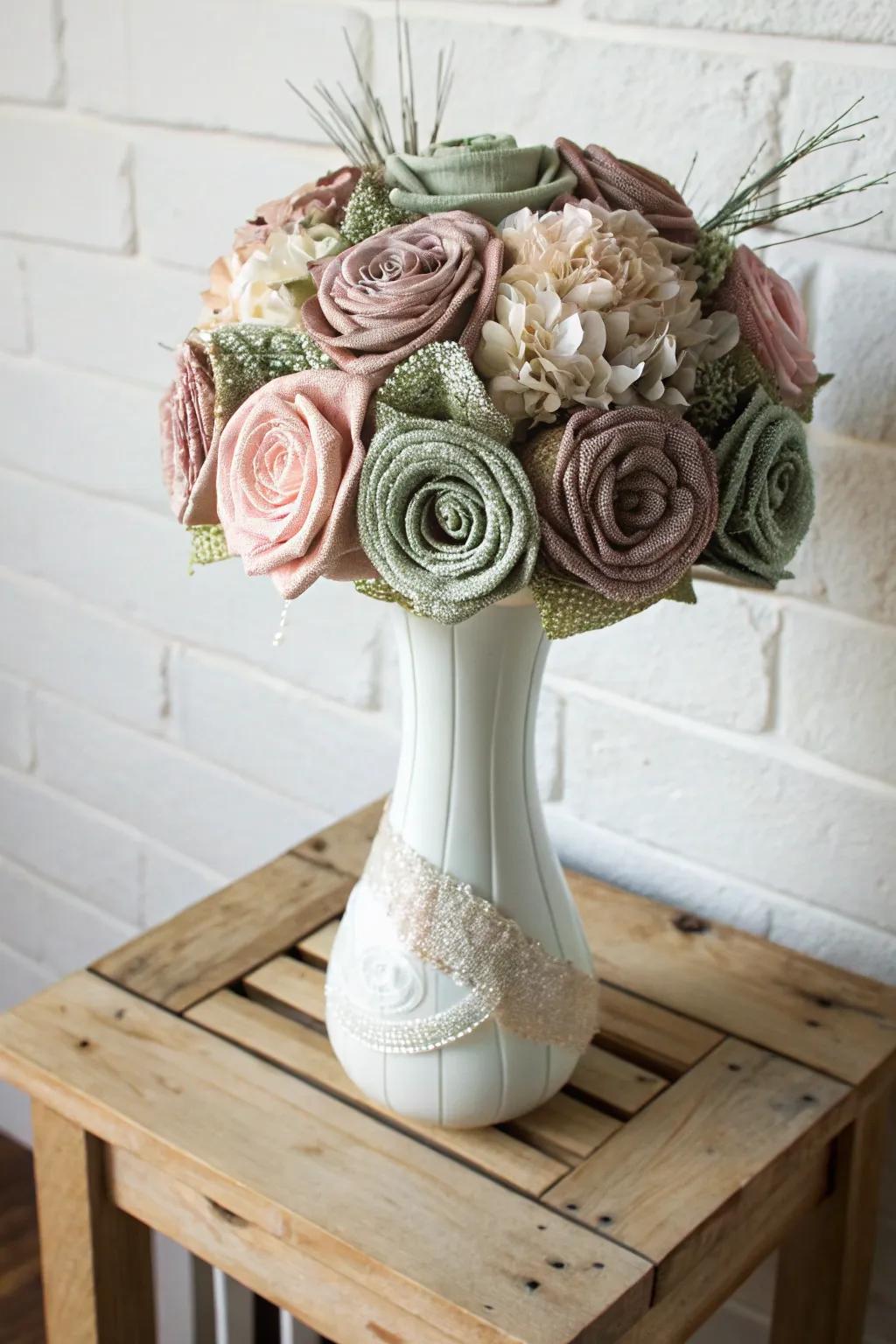 Embrace nostalgia with a vintage fabric bouquet, a perfect blend of elegance and simplicity.