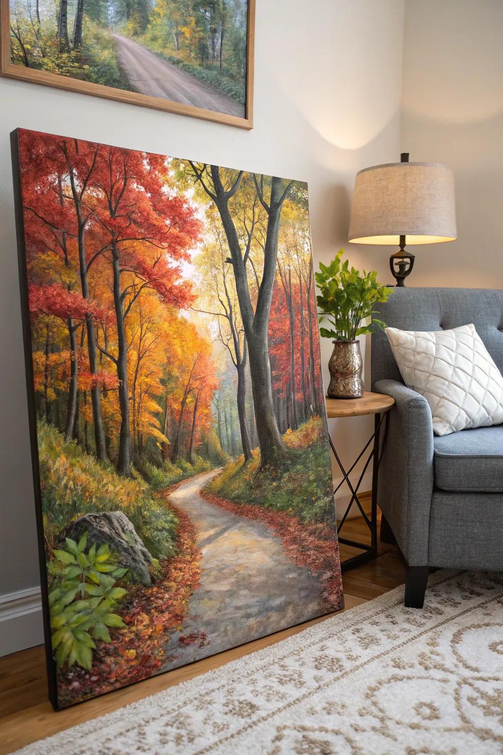 A serene autumn forest painting brings the season indoors.