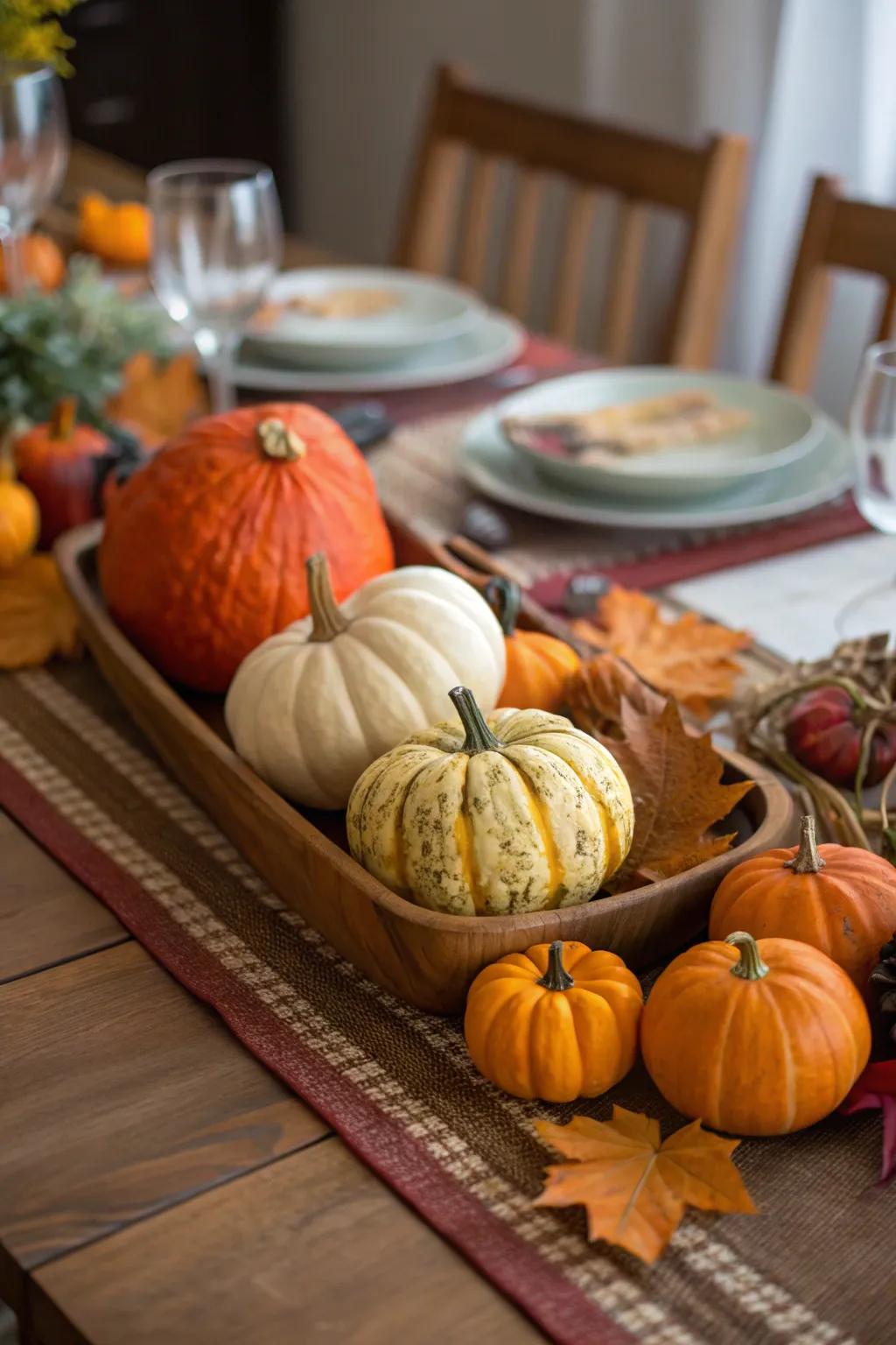 A table adorned with pumpkins and gourds, perfect for a fall gathering.