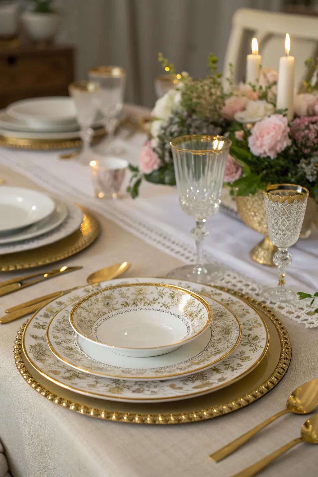 Sophisticated tableware with gold accents for an elevated dinner setting.
