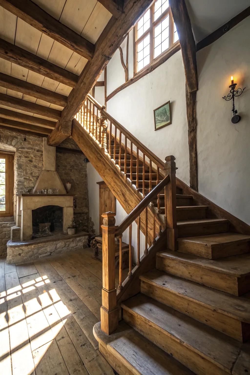 Natural wood railings add warmth and authenticity to your farmhouse staircase.