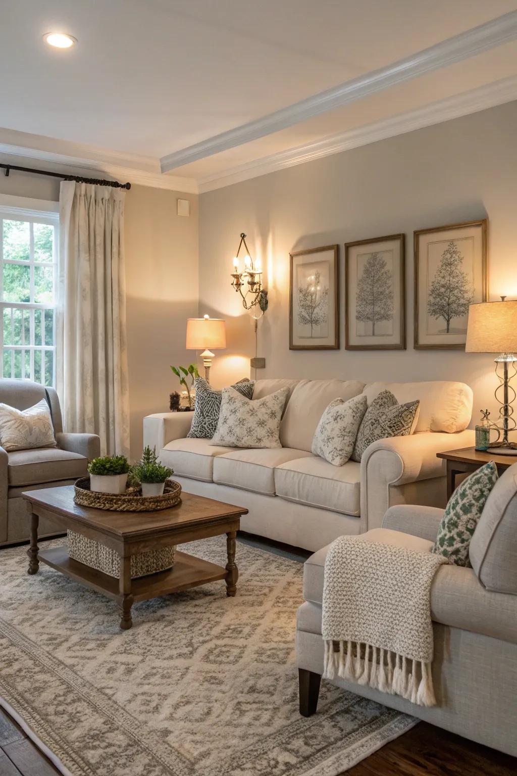 A neutral color palette sets a soothing tone for your farmhouse living room.