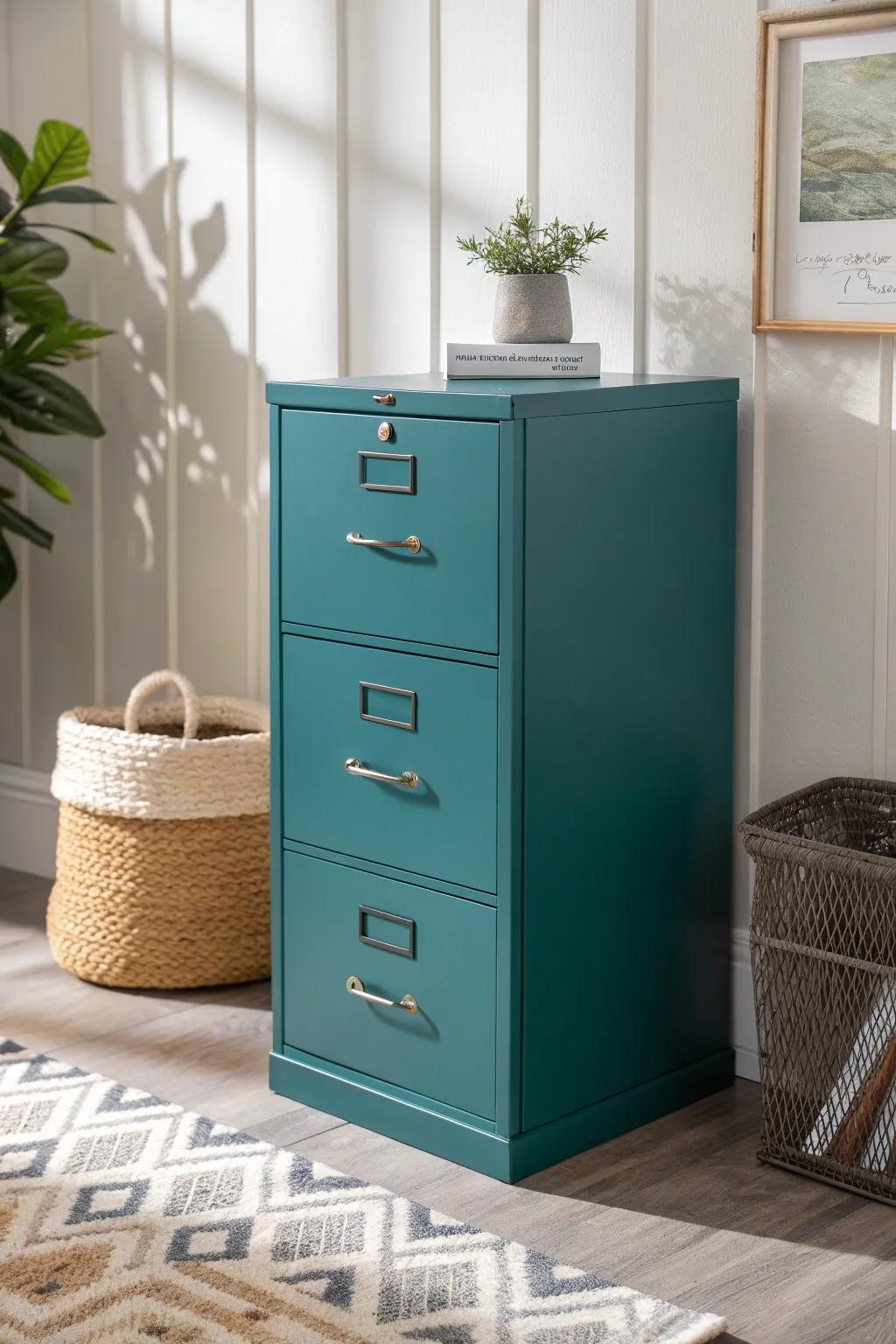 Revitalize your space with a bold teal cabinet that blends Scandinavian simplicity with Boho charm.