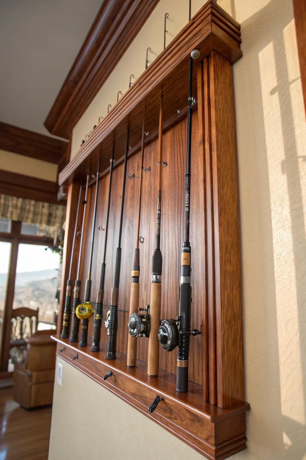 Elevate your fishing gear with a handcrafted wooden wall-mounted rack, where function meets elegance.