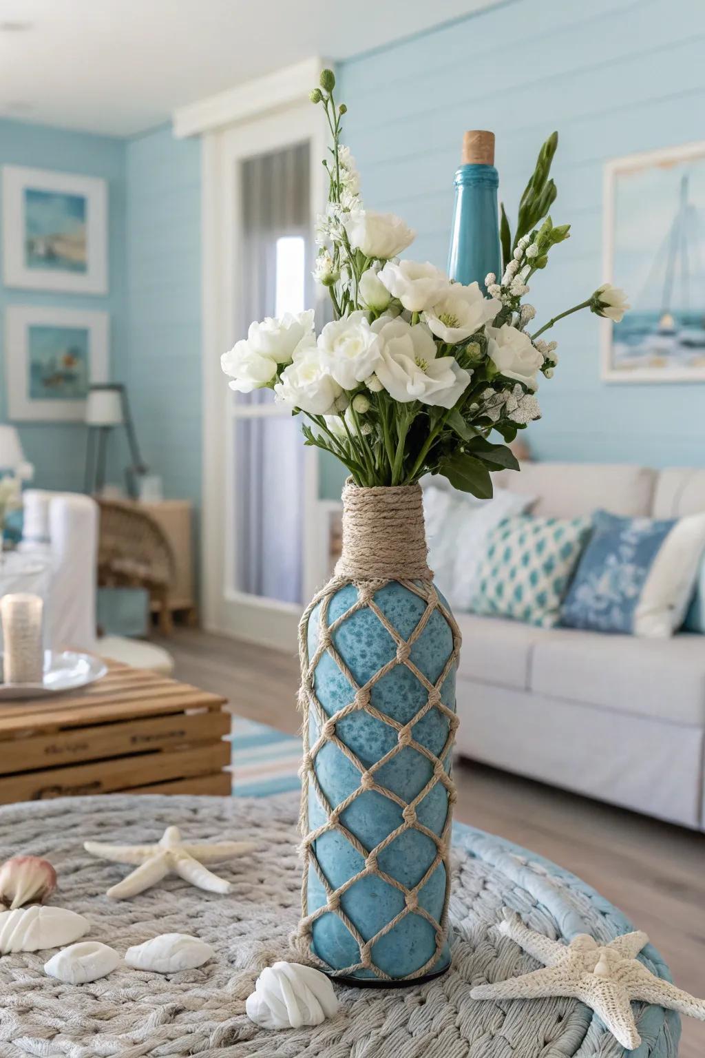 A coastal-inspired wine bottle vase adds a beachy touch to the decor.