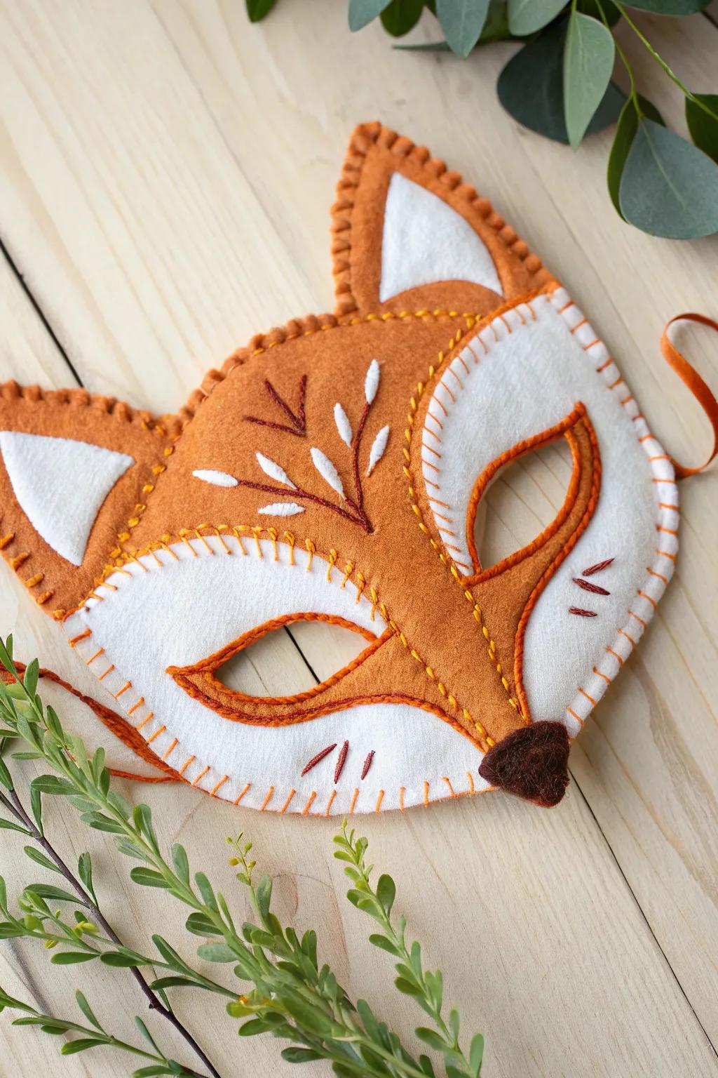 Crafted with love: A stunning felt fox mask that blends simplicity with natural beauty.