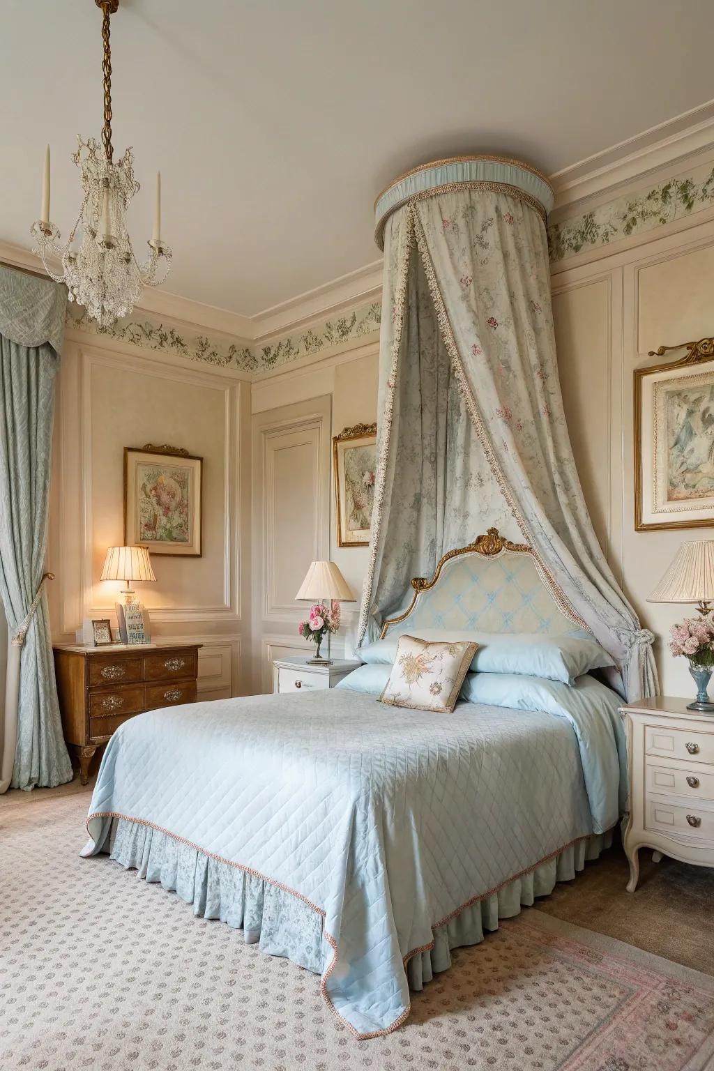 A serene French bedroom with a soft color palette.