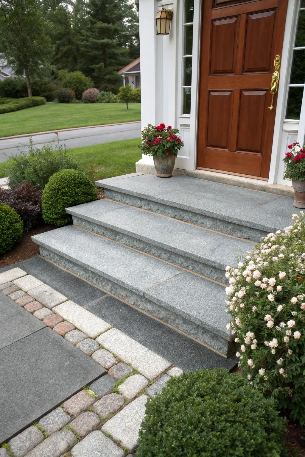 Classic gray granite steps add a touch of sophistication.