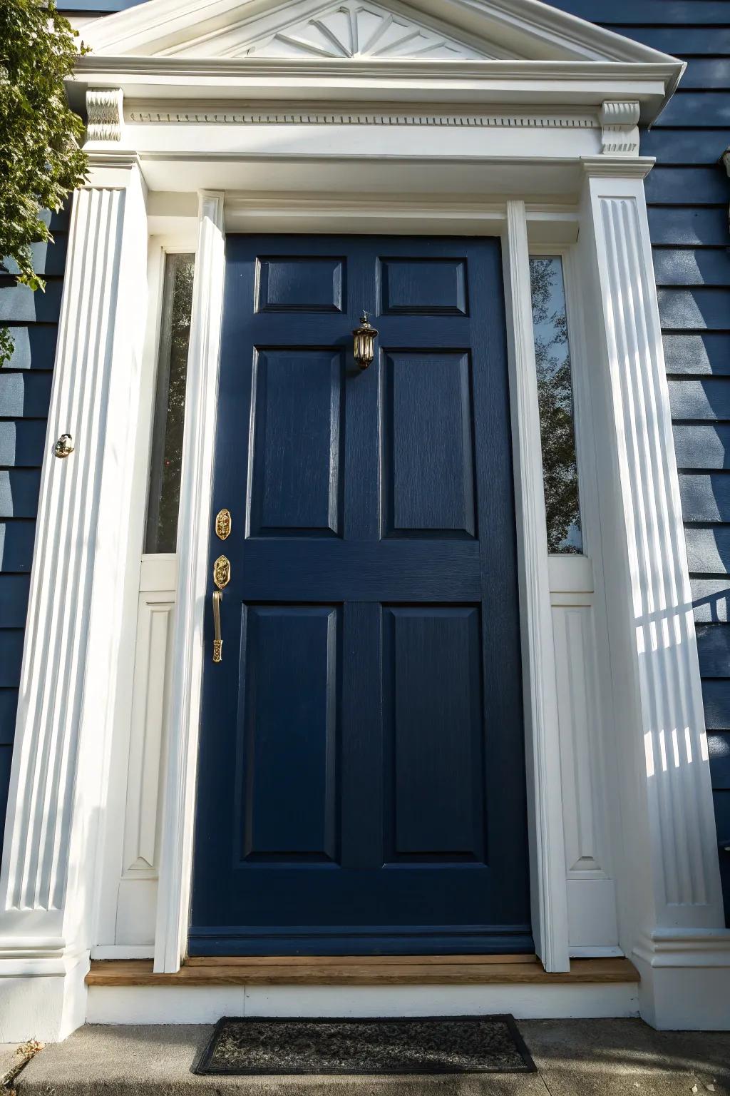 Make a statement with a bold navy door and crisp white trim – where craftsmanship meets style.