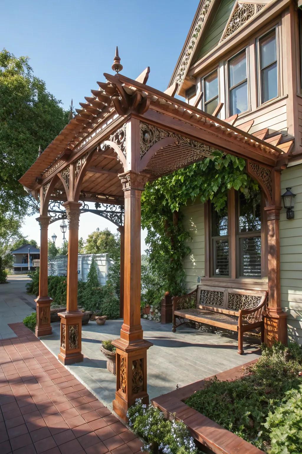 Embrace timeless elegance with a classic wooden pergola, the perfect addition for your front porch sanctuary.