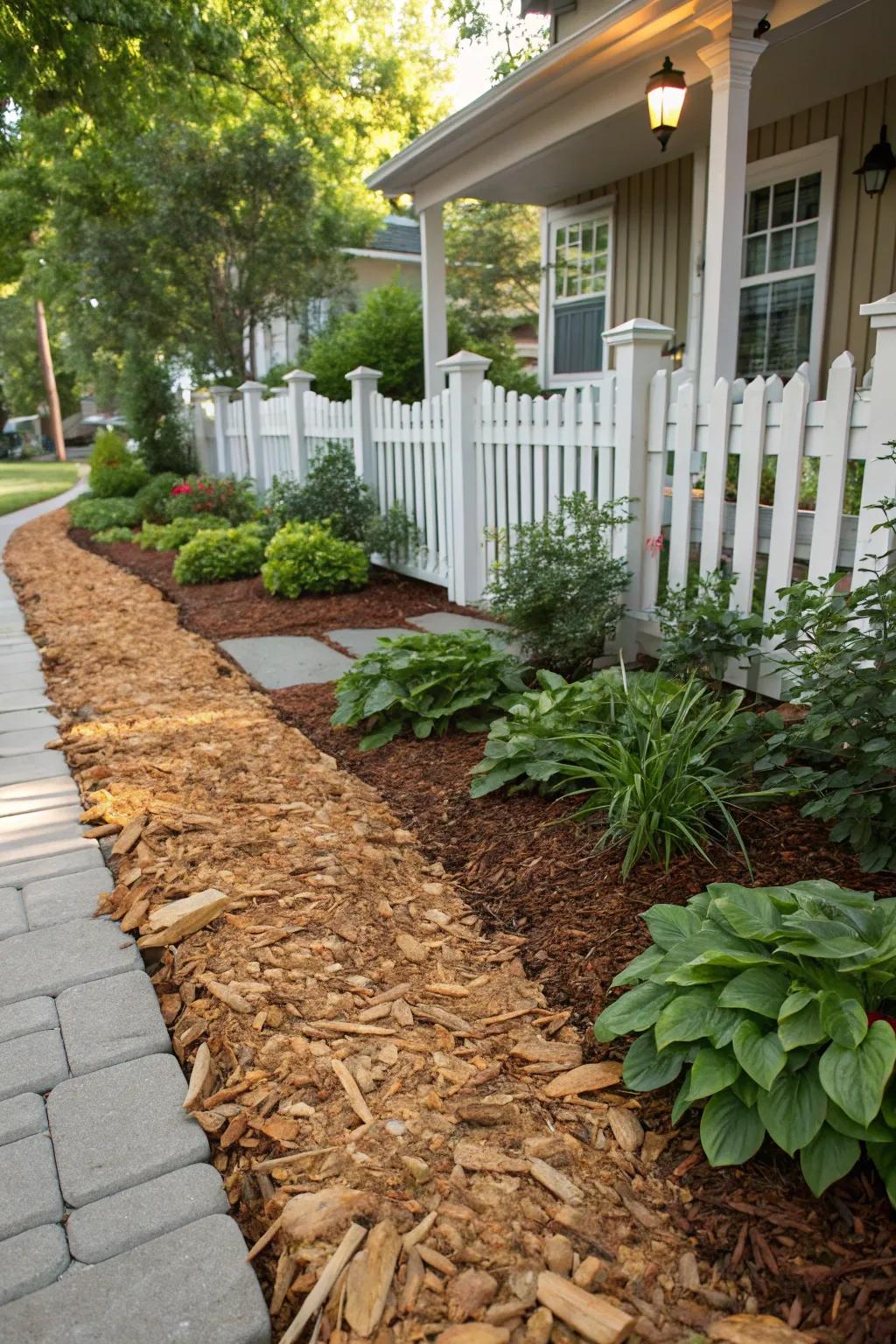 Embrace the natural elegance of classic wood chips for a serene and stylish front yard.