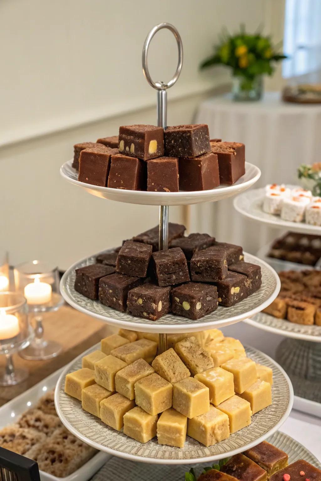 A tiered tray elegantly displaying assorted fudge.
