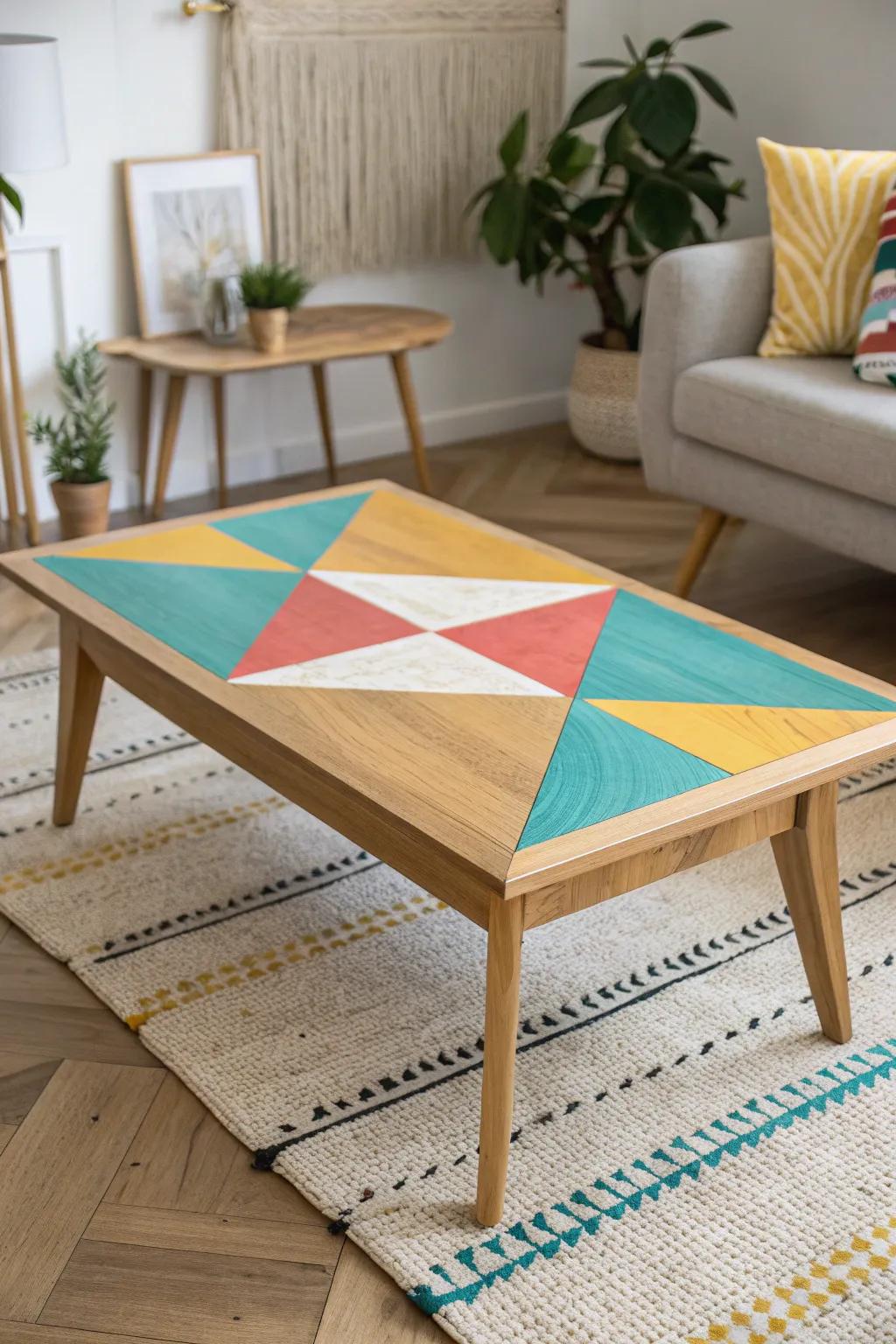 Transform your space with a bold geometric coffee table that doubles as a vibrant art piece.
