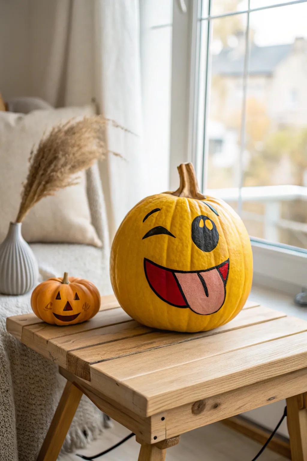 Add a pinch of playfulness to your decor with a cheeky emoji pumpkin! 🎃😉