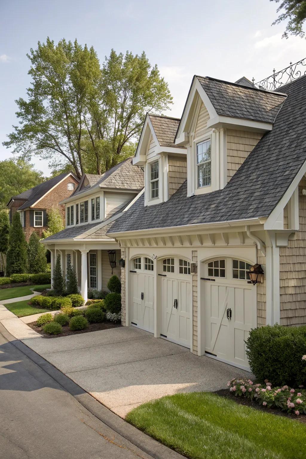Gabled dormers add a touch of classical elegance to any garage.