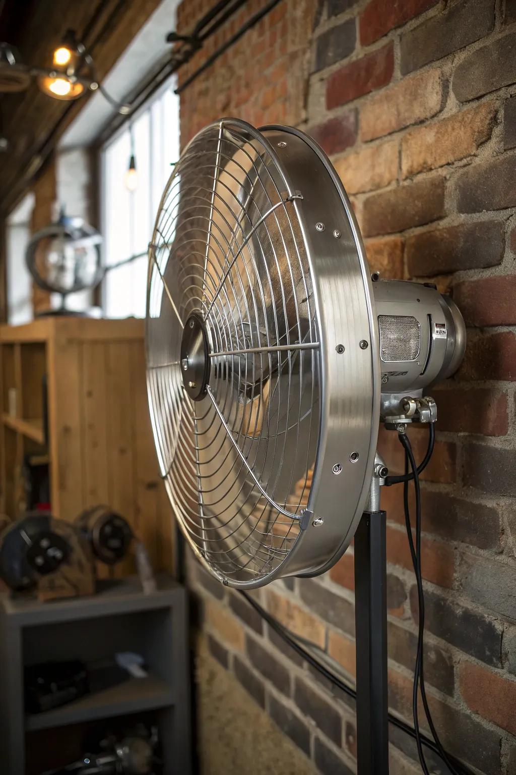 Elevate your garage's style with a wall-mounted fan that combines functionality with industrial elegance.