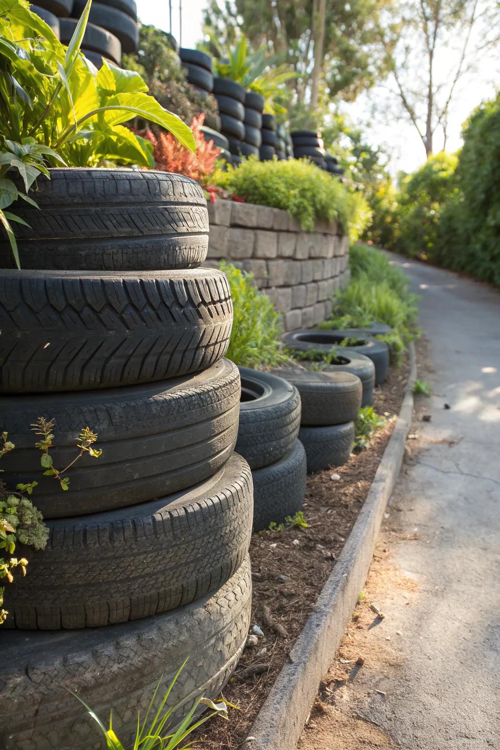 Transform your garden with the classic stack: a rustic yet elegant tire retaining wall.