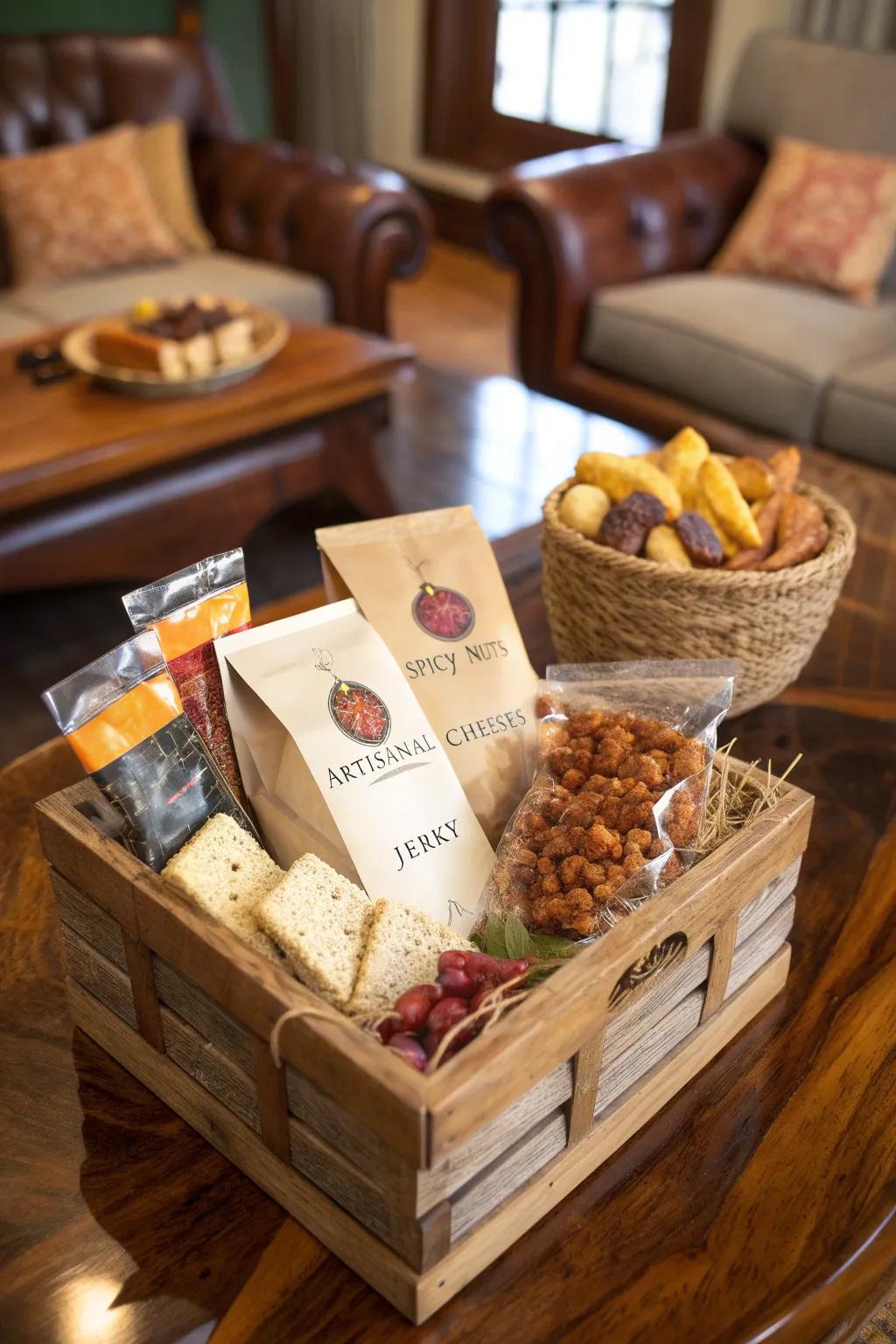 Indulge in a handcrafted gourmet snack basket - the perfect DIY gift for dads who appreciate the finer things.