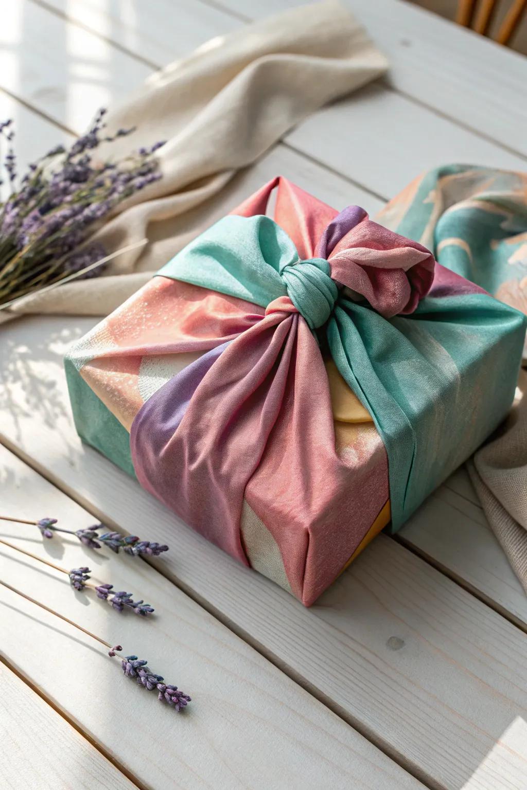 Embrace eco-friendly elegance with a cozy fabric wrap for your gifts.