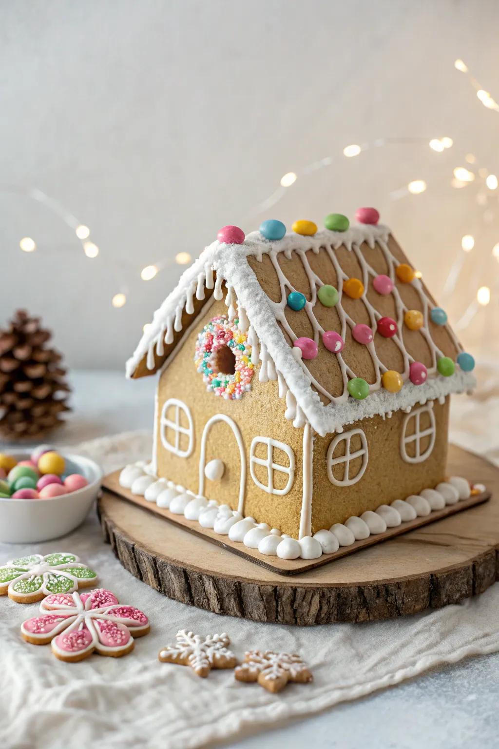 Delight in the artistry of a candy-covered cottage, where simplicity meets sweet sophistication.