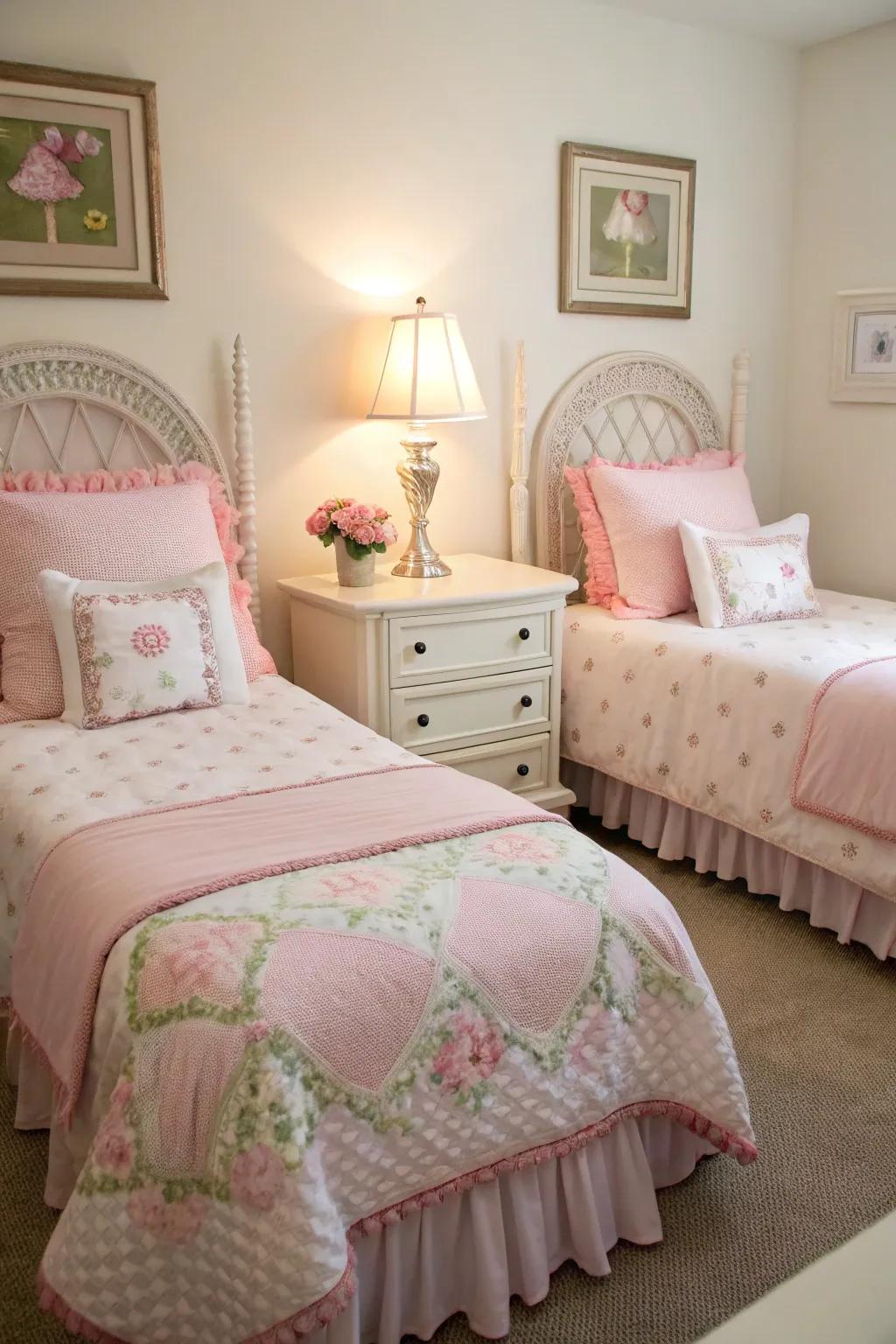 Twin beds arranged symmetrically provide a sense of balance and personal space.