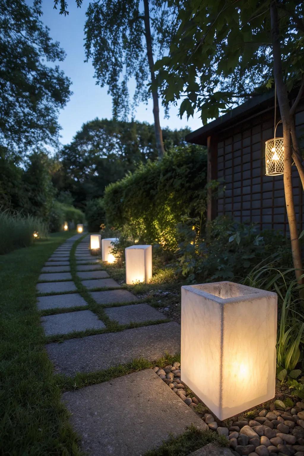 Step into serenity with a softly glowing garden path, where simplicity meets natural beauty.
