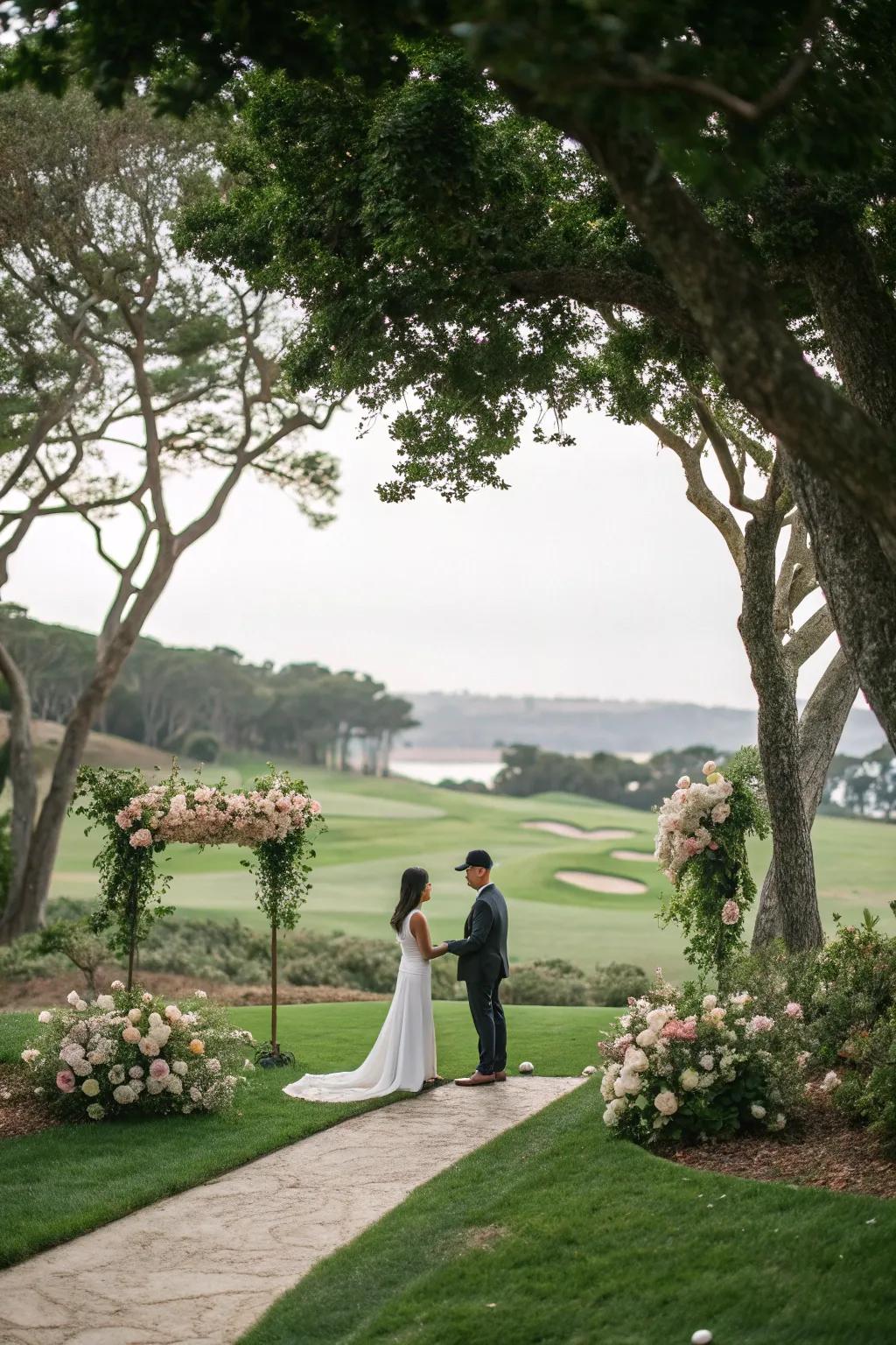 A couple exchanging vows on a stunning golf course, blending natural beauty with elegance.