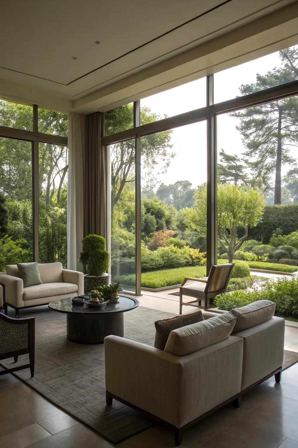A modern living room with floor-to-ceiling windows offering a stunning garden view.