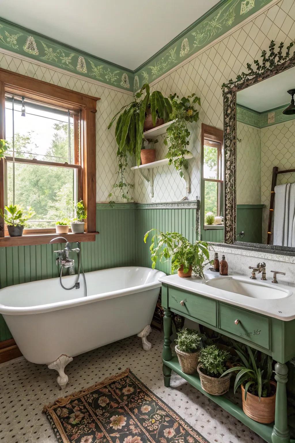 A vintage bathroom oasis with elegant green beadboard.