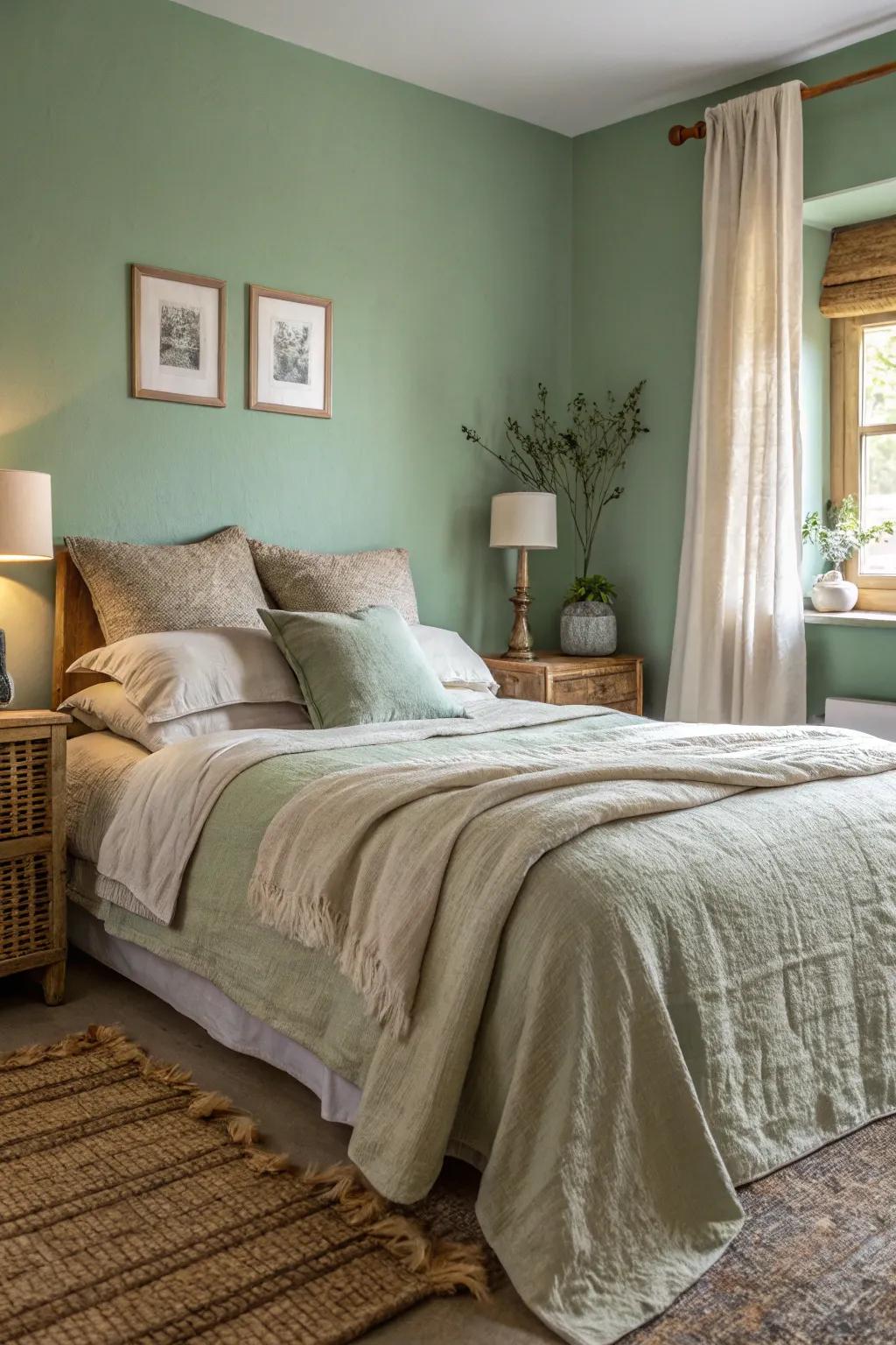 A calming bedroom with sage green walls and natural linen bedding.