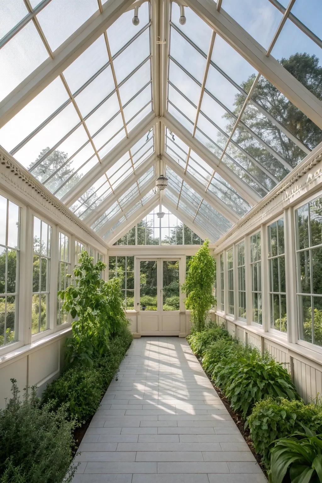 Bask in the sunlit elegance of a glass roof greenhouse, where simplicity meets nature's embrace.