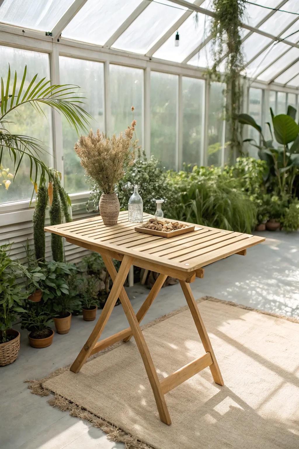 Embrace the rustic charm of simplicity with this DIY wooden slat table, perfect for adding a touch of elegance to your greenhouse.