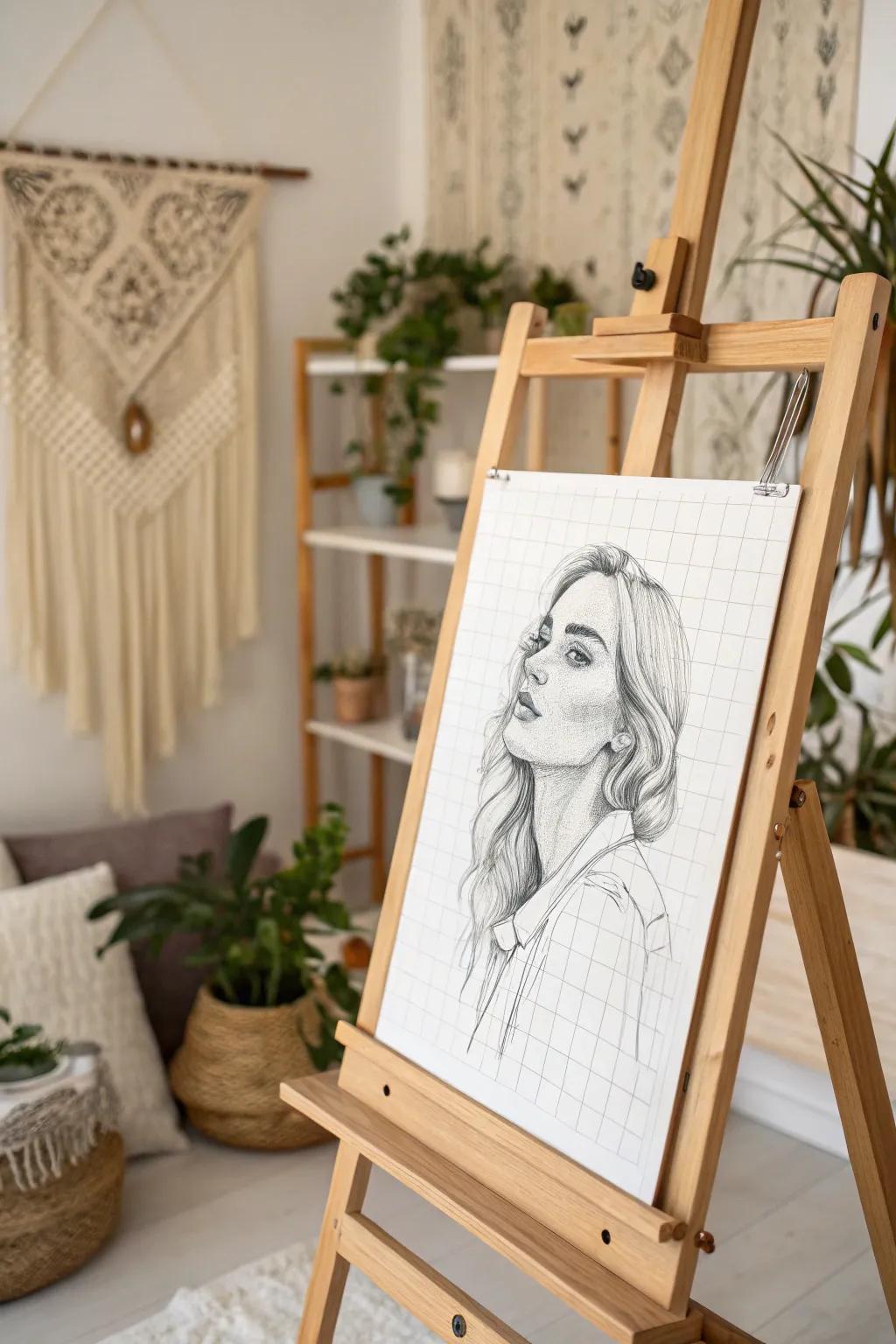 Elevate your artistic space with the serene beauty of grid-drawn portraits—where minimalism meets craftsmanship.