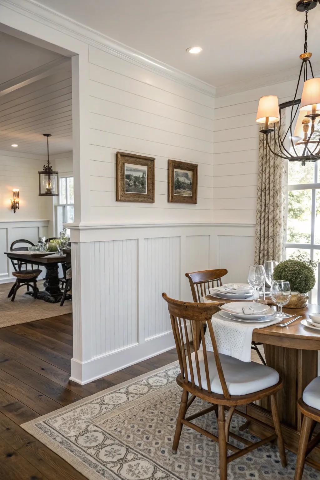 Classic white shiplap paired with a wooden chair rail in a dining room.