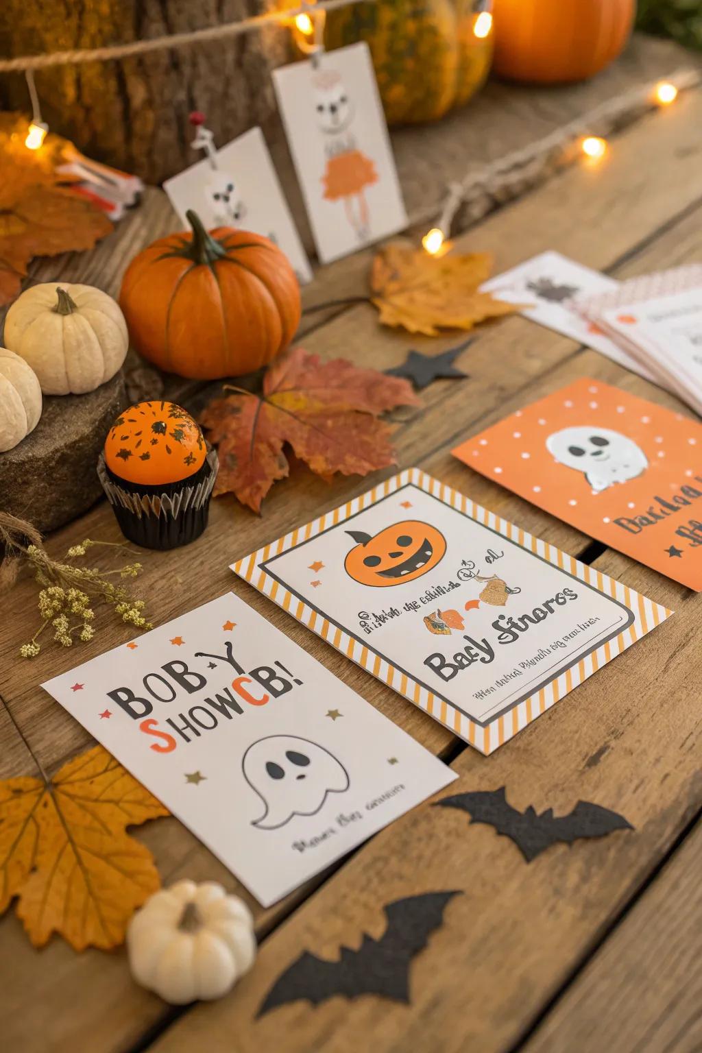 Halloween-themed invitations set the tone for a festive baby shower.