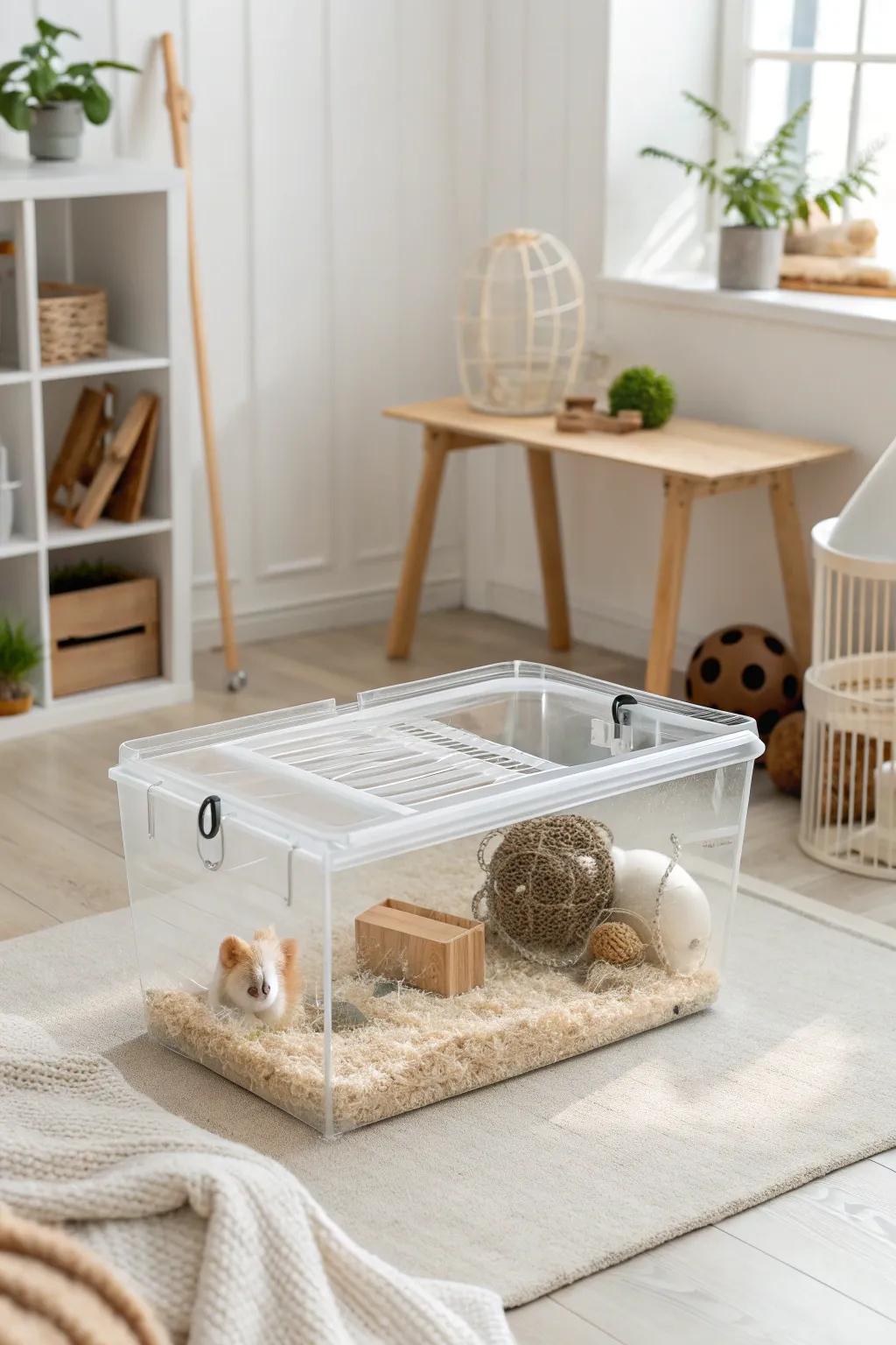 Embrace modern elegance with a clear bin cage—keeping an eye on your furry friend has never looked so stylish! 🌿🐹
