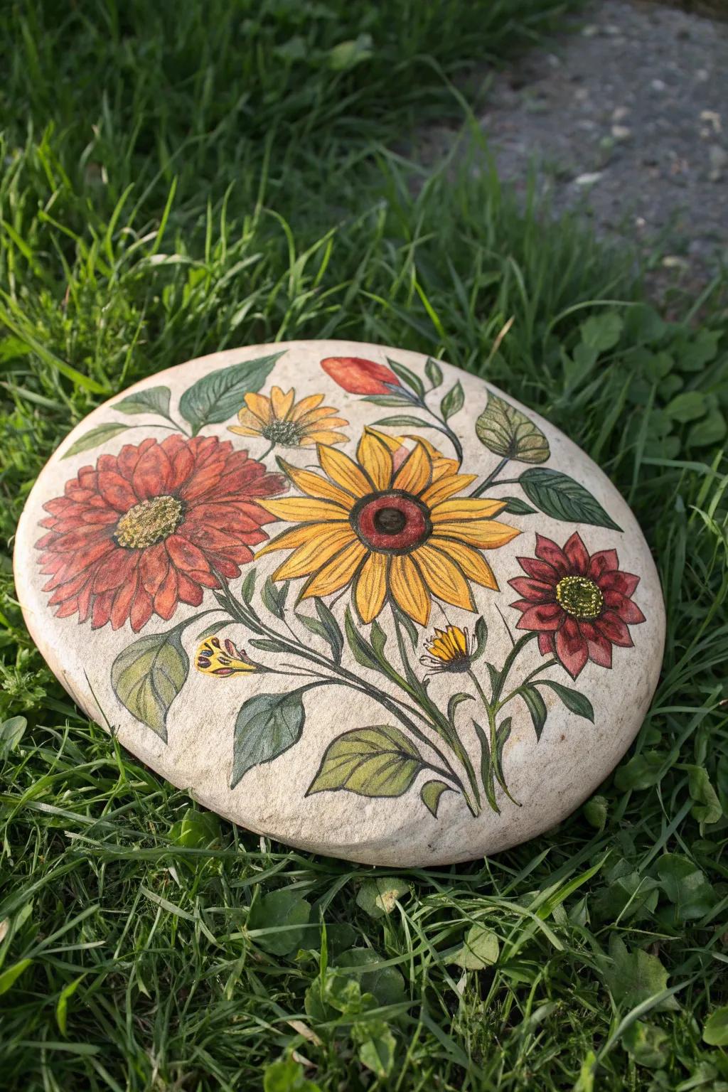 Step into a Floral Fantasy with hand-painted stepping stones that bring perennial springtime joy to your garden.