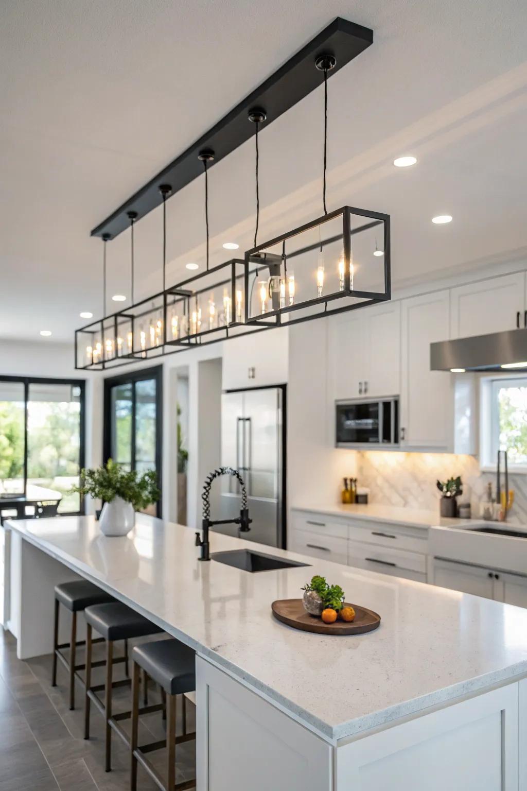 Linear pendant lights bring a sleek look to kitchen islands.