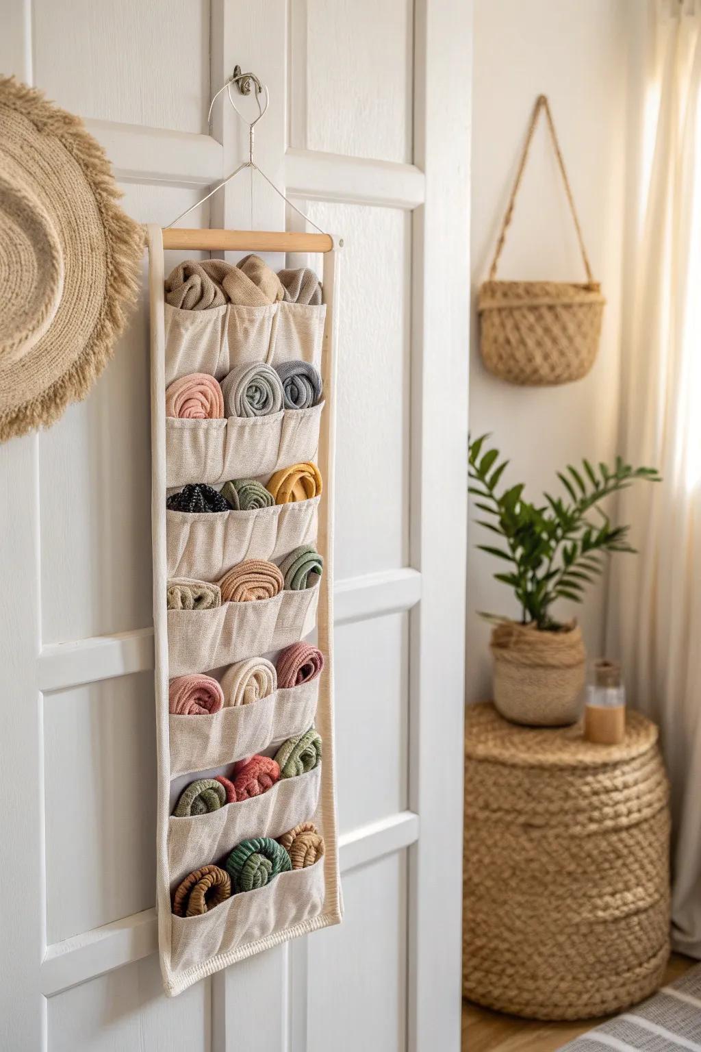 Effortlessly organize your headbands in style with this chic over-the-door solution! 🌿✨ #ScandinavianBoho #OrganizeInStyle