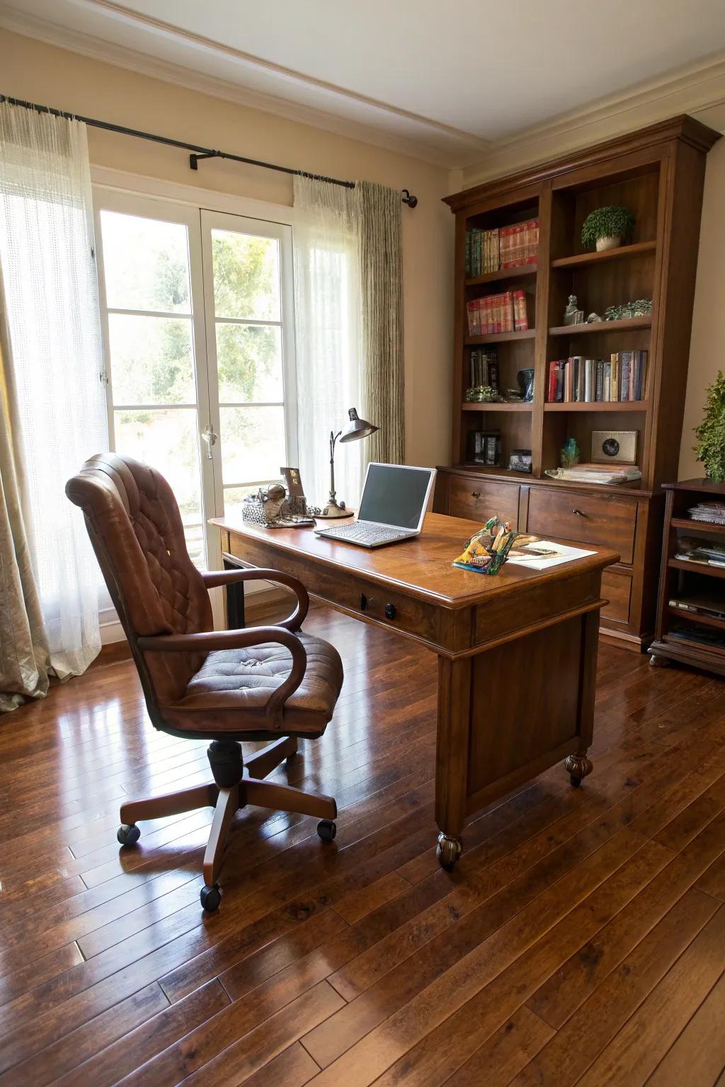 Timeless hardwood flooring adds an elegant touch to your home office.