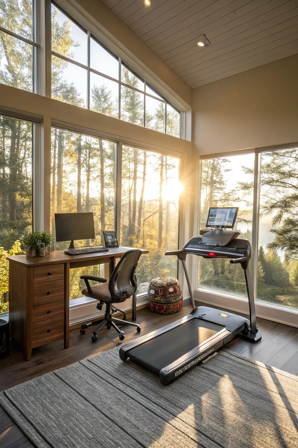 Natural light invigorates both work and workout spaces.