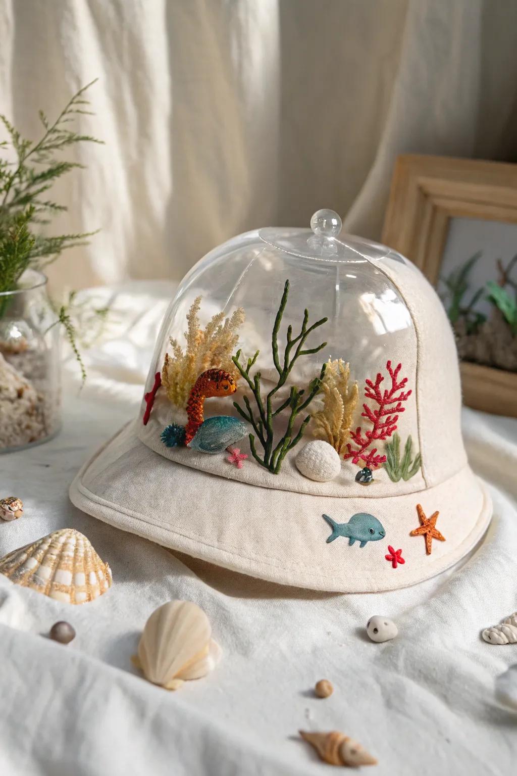 Dive into creativity with this enchanting ocean-themed hat—where imagination meets craftsmanship.