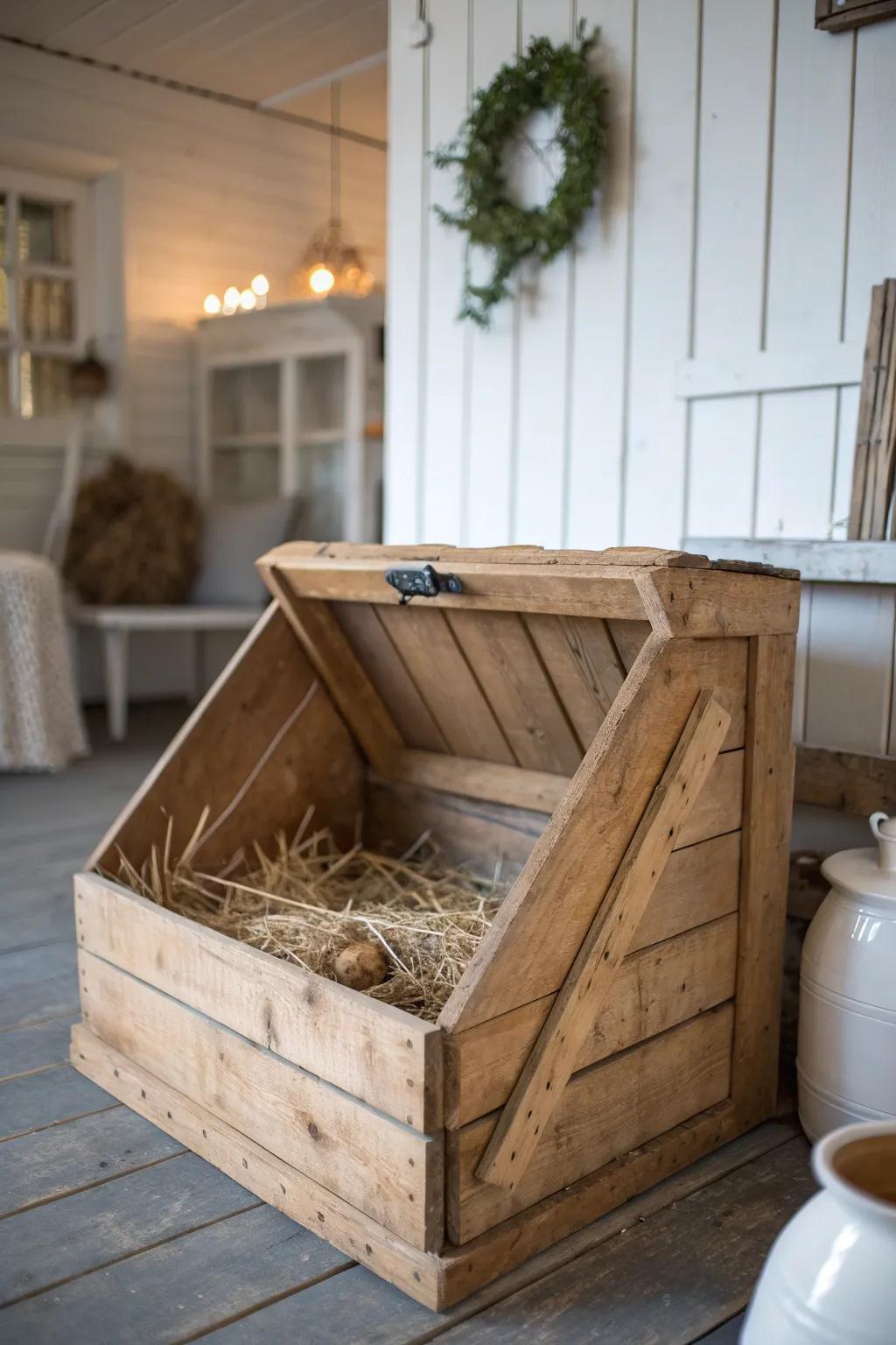 Transform your coop with a touch of rustic charm using repurposed wooden crates as nesting boxes!