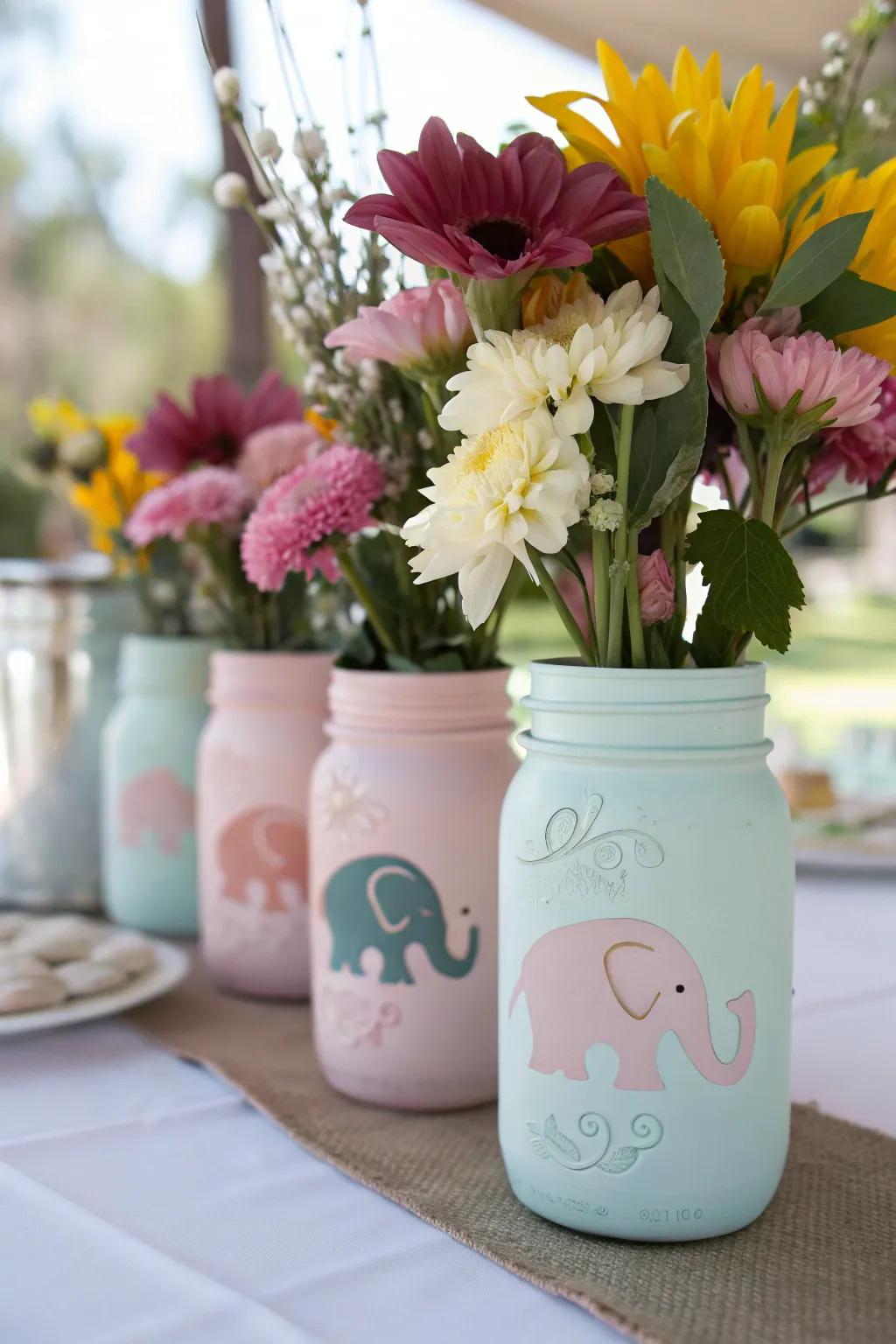 Colorful mason jar centerpieces with elephant accents.