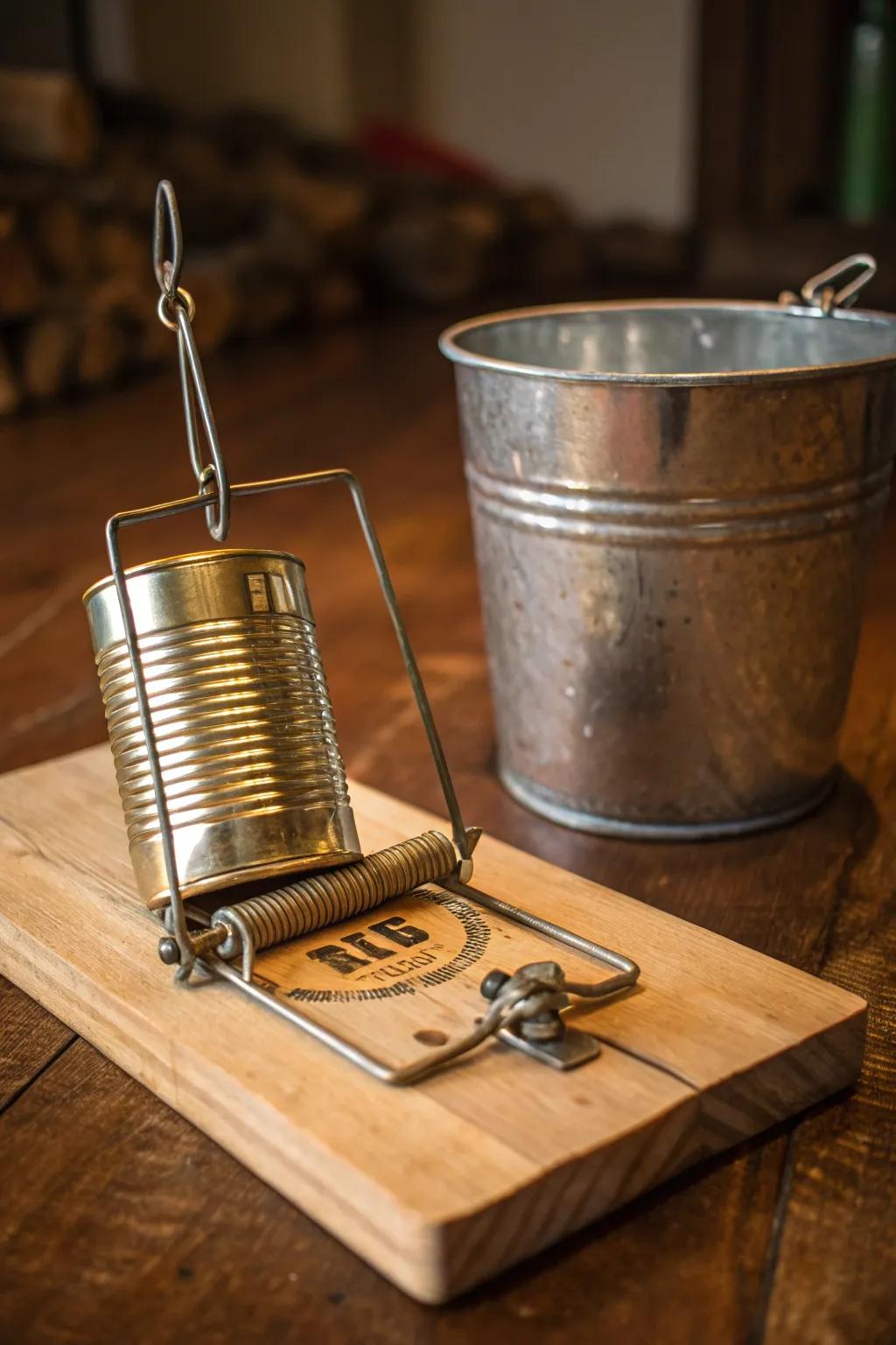 Craftsmanship meets practicality: A sleek and effective bucket and spinning can mouse trap.