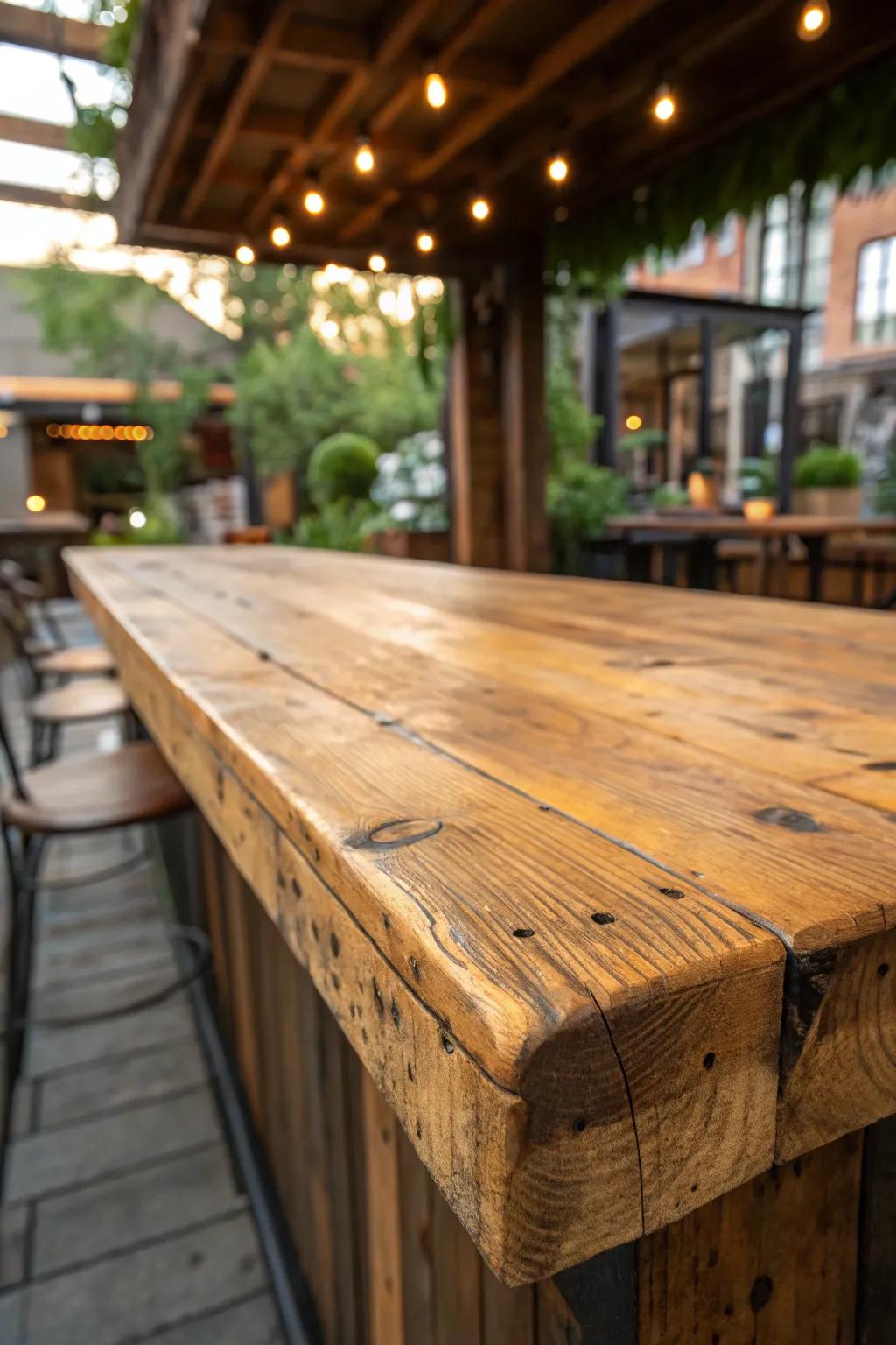 Transform your outdoor space with rustic wooden charm: a bar top that tells a story.