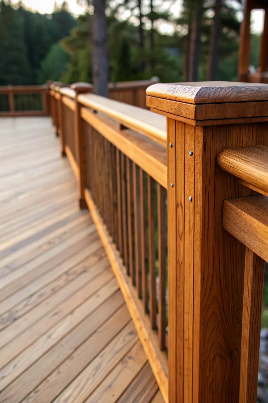 Embrace the timeless elegance of classic wood charm with horizontal railings that bring warmth and rustic beauty to your deck.