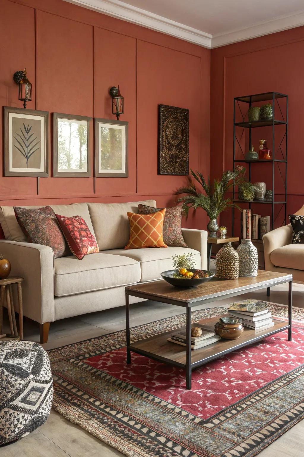 Living room refreshed with bold colored walls and stylish decor.